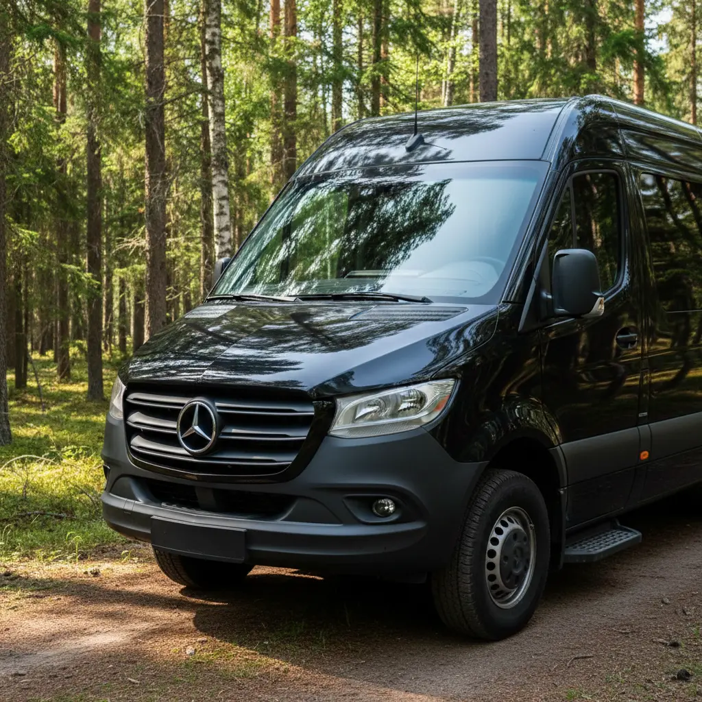 Black Sprinter Van In The Forest